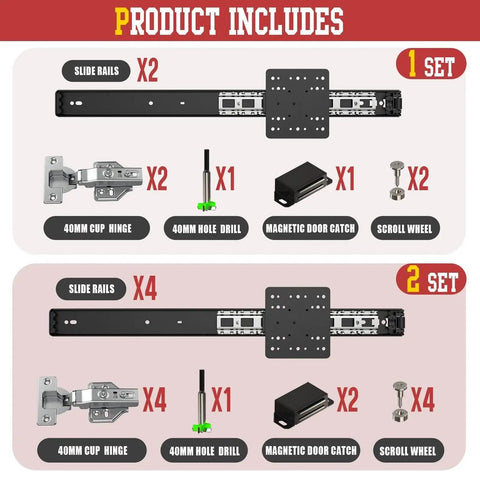 20 Inch Pocket Door Slides with Hinges Complete Installation Kit for Cabinets Space Saving Sliding System with Whisper Quiet Glide Includes 2 Pocket Door Slides 2 Clip On Hinges Drill Bit Set Screws and All Mounting Hardware with x2 slide rails, hinges, drills, and hardware in a product display.