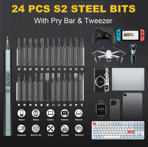 30 In 1 Electric Screwdriver Kit with 24 Magnetic S2 Steel Bits and 3 LED Lights for precision repair of phones, laptops, cameras, drones.