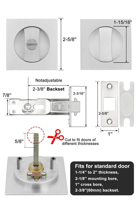 Brushed Nickel Pocket Door Lock Privacy Square Hardware Not Adjustable detailed measurements and components shown