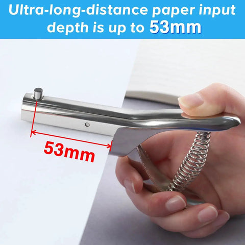 Heavy Duty Handheld Single Hole Punch with long reach up to 53mm, ideal for DIY projects, badges, tags, and scrapbooks.