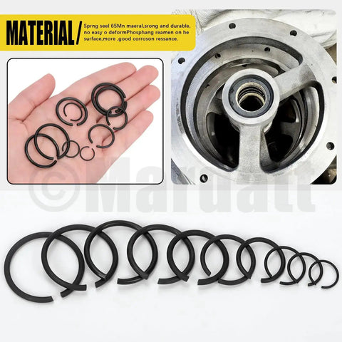 150 Piece Round Wire Snap Ring Assortment Kit With 10 Sizes From 10mm To 26mm Internal C Clips For Shafts shown in hand and installed.