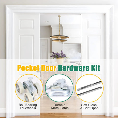 Front view of Pocket Door Hardware Kit With Soft Close And Soft Open, Smooth Sliding 72 Inch Door Rail Set, Top Mounted System.