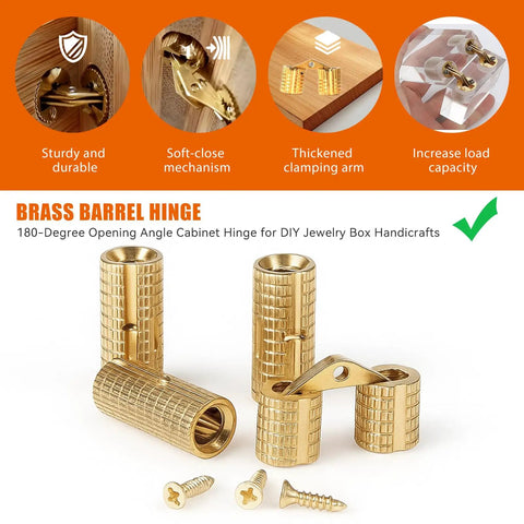 8 Pcs Brass Hidden Barrel Hinges 8 Mm Concealed Furniture Fittings With 180 Degree Opening For Jewelry Boxes Cabinets And Wood Craft Invisible Hardware For Wood Projects Durable Brass Hardware Set, showcasing close-up of brass hinges and screws