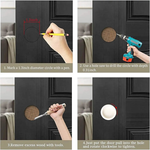 Installation steps for 4 Pack Plastic Round Sliding Door Finger Pulls For Closets And Cabinets, with hole marking and drilling.