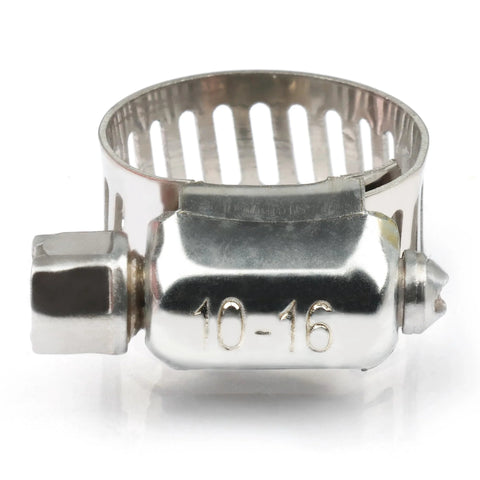 Single stainless steel hose clamp with perforated band and bolt fasteners, 10-16 mm inner diameter
