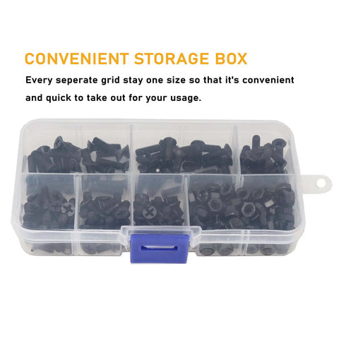 M4 Flat Head Phillips Countersunk Machine Screws And Hex Nuts Set, storage box with black bolts and nuts assortment