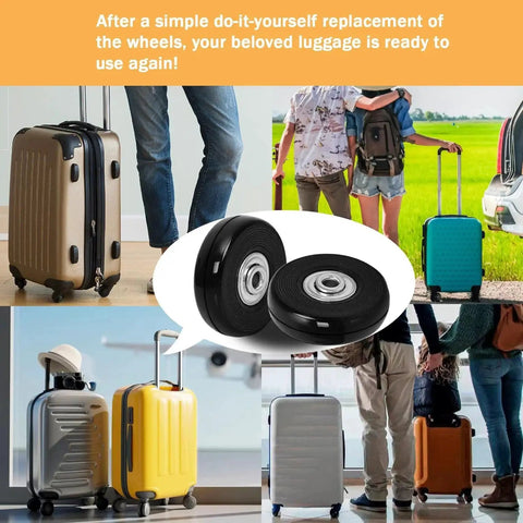 8 Piece Luggage Replacement Wheel Set With Rubber Swivel Casters And Ball Bearings alongside different colored suitcases