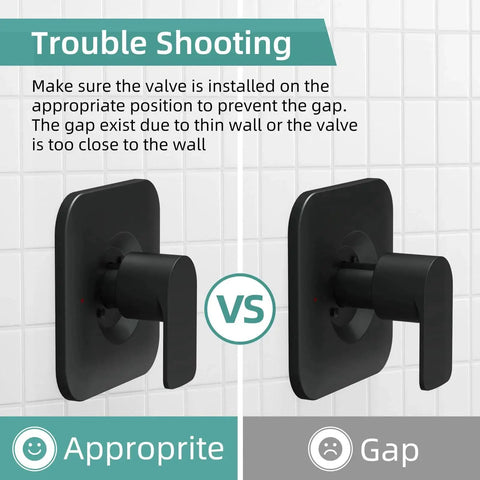 Posi Temp Compatible Shower Trim Kit With 7 Mode High Pressure Shower Head Matte Black Finish showing valve installation positions.