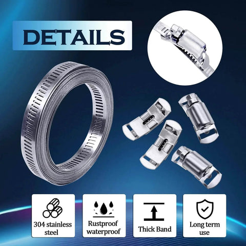 Product image of 304 Stainless Steel Hose Clamp Assortment Kit with 12 Ft Metal Strap and 8 Stronger Fasteners displayed.