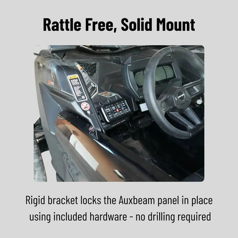 No Drill Dash Mount For 8 Gang Switch Panel installed in Can Am Maverick X3 cockpit showing secure backplate without drilling required.