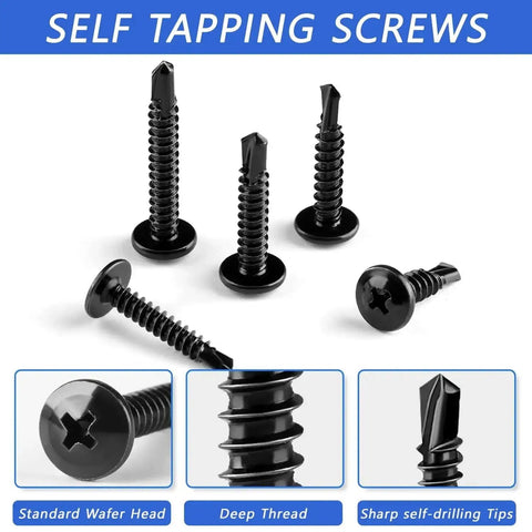 Close-up of self-tapping screws with sharp tips, black zinc plated, part of 210Pcs Sheet Metal Screws Kit, 410 stainless steel.