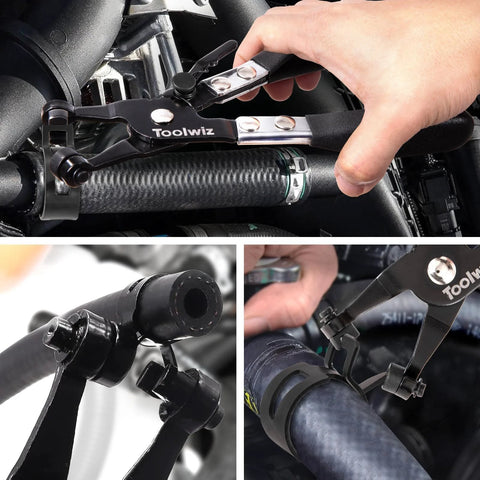 Toolwiz 130Pcs hose clamp kit with swivel pliers in use tightening a spring band hose clamp on an engine hose
Toolwiz spring band hose clamp close-up on a rubber hose end
Toolwiz pliers installing spring band hose clamp on a radiator hose