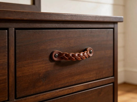 Leather Drawer Pulls Braided Cognac Finish Set Of 12 6-1/2 X 1 Inch installed on dark wood dresser