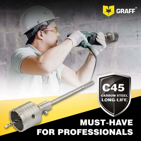 Person using Graff Beefy 90mm SDS Max Core Drill Bit For Concrete And Masonry, 20 Inch Length with Center Drill on wall
