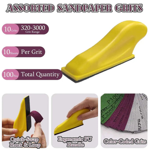 Pro Grade 100 Piece Micro Detail Sanding Paper Kit with ergonomic handle and color-coded grits for wood, metal, and plastic projects.
