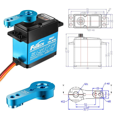 Front view of blue aluminum FEETECH FT6335M 35kg digital servo with blue horn for RC aircraft/robotics