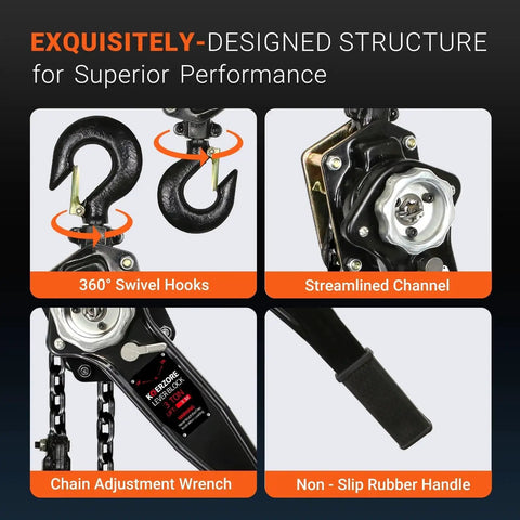 Close-up of 3 Ton Manual Lever Chain Hoist With 10ft Lift G80 Galvanized Steel Come Along features, including swivel hooks and rubber handle.