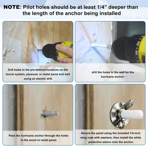 Installation process for Storm Ready Hurricane Anchor Kit For Window Panels And Shutters, showing drilling and mounting steps.