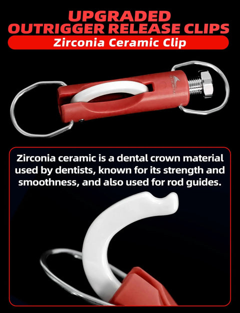Upgraded Zirconia Outrigger Release Clips with UV Resistant POM Housing, red finish, zirconia ceramic clip shown close-up.