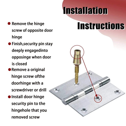 Installation instructions for tamper-proof door hinge screws with security pins. Tamper Proof Door Hinge Screws 8 Pack With Hardened Security Pins.