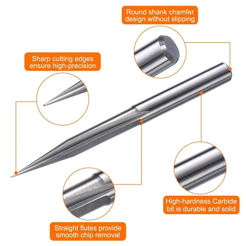 CNC V Bit Set 5 Piece 20 Degree Point One Millimeter Tip One Eighth Inch Shank Carbide Engraving End Mills With Two Straight Flutes For Wood