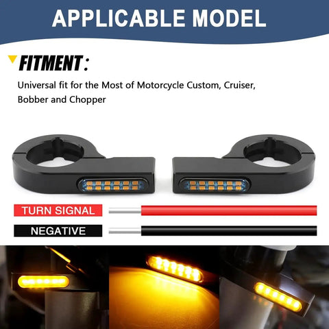 Universal 43 46mm Front Fork LED Turn Signals for Motorcycles 12V Amber Indicator Lights with Clamps Easy Install