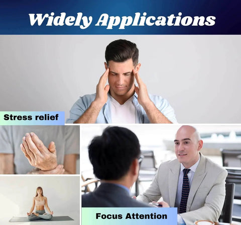 Collage showing stress relief and focus applications; man holding temples, open palm, meditation, and business meeting scene.