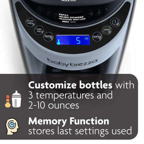 Front view of Baby Brezza Formula Pro Advanced formula dispenser in slate, with digital display and control panel.