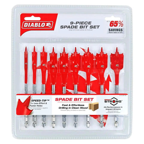 SPEEDemon Spade Bit Set 9-Piece For Clean Holes In Wood With Angled Spur Cutting Edge Includes 1/4 3/8 1/2 9/16 5/8 11/16 3/4 7/8 And 1 Inch Bits Maximum Performance In Cordless And Corded Impact Drivers Diablo By Freud