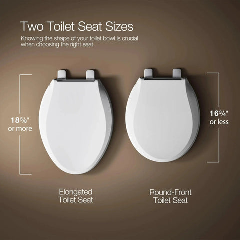 Comparison of elongated and round-front toilet seats, highlighting size differences for Cachet ReadyLatch Elongated Toilet Seat With Soft Close Lid And Easy Install.