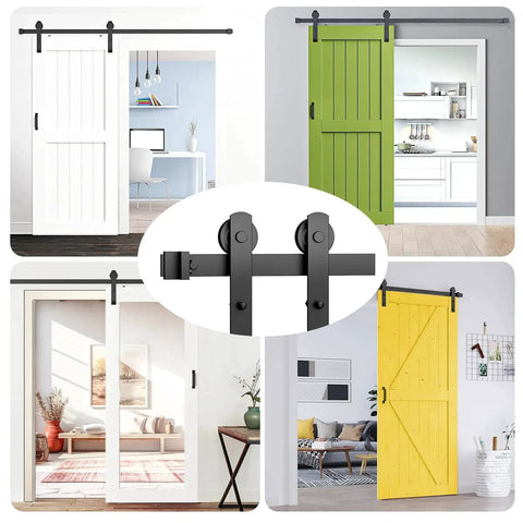 Sliding Barn Door Hardware Kit Six Point Six Foot Heavy Duty Rail System With Quiet Smooth Operation Easy Install Includes Door Hook And Two Handles For Doors One And Three Eighths To One And Three Quarters Inches Thick Black I Shape Hanger shown in various room settings