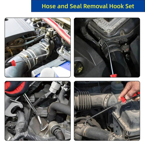 Radiator Hose Removal Tools Set With 8 And 10 Inch Picks 4 Pack Hose Pullers used in various engine hose detachments.
