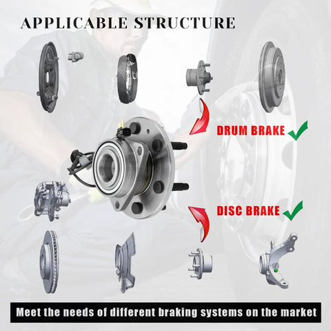 Front Wheel Bearing Hub Assembly Fits 4x4 4WD Chevy Silverado 1500 Suburban Tahoe GMC Sierra 1500 Yukon XL Cadillac Escalade ESV XTS 6 Lug With ABS Replaces 515160 demonstrating compatibility with disc and drum brakes