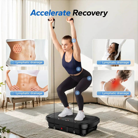 Woman using Vibe Plate Exercise Machine for Lymphatic Drainage and Weight Loss, Bluetooth Enabled Vibrating Plate with LED Display in home gym