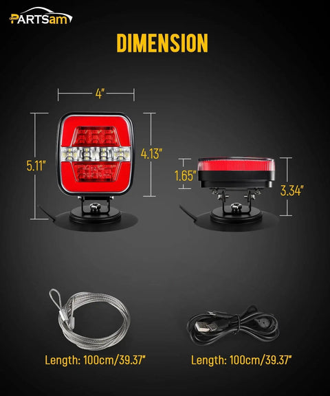 Dimensions of Wireless Magnetic Trailer Light Kit With 26 LEDs For Tow Trucks And Trailers, showing front and side views