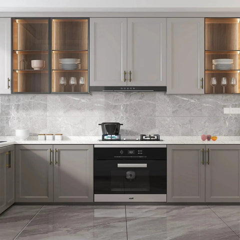 Modern kitchen with 10 Pack Black And Gold Cabinet Pulls 5 1/16 Inch Overall Length With 3 Inch Center Hole installed on gray cabinets.
