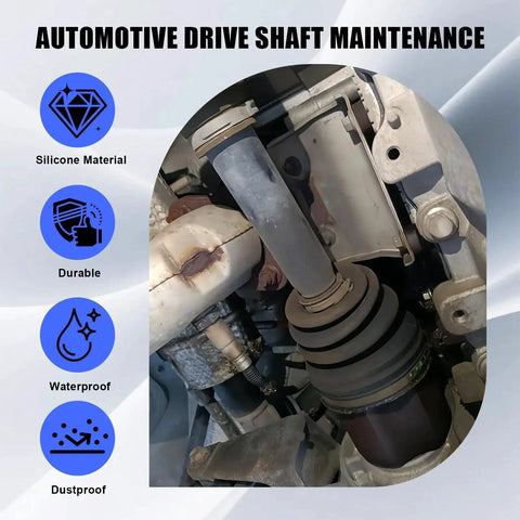 CV Boot Repair Kit For Cars With Waterproof And Dustproof Silicone Joint Boot installed on a vehicle axle with focus on durability icons