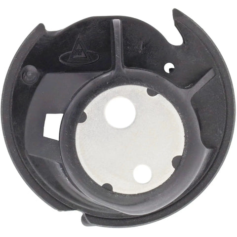 Bobbin case for Brother/Babylock sewing machines; black plastic with silver metal insert, round shape.