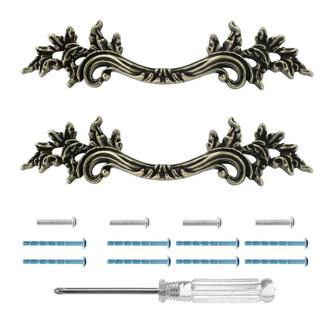 Two Pack European Style Dresser Pulls 2-1/2 Inch Bronze Antique Vintage Cabinet Handles For Dresser Drawer Closet And Cabinet Doors, Easy Installation With Screws, Retro Decorative Hardware shown with screws and screwdriver