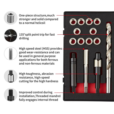 Thread Repair Kit M10X1.0X12.7MM with stainless steel inserts, HSS drill tap, counterbore, install driver, ten inserts in a case.