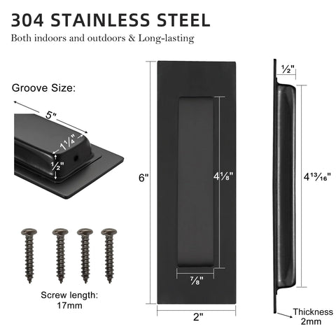 6 Inch Recessed Pocket Door Pull Matte Black 304 Stainless Steel Rectangular Finger Flush Sliding Closet Barn Door Handle Heavy Duty 2 Pack for Easy Access and Modern Interior Doors Rust Proof Built Tough, front and side view with dimensions.