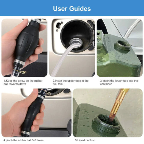 User guides for Fast Start Siphon Pump for Gasoline Diesel Transfer, showing installation steps and components.
