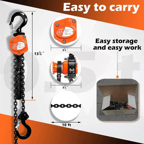 Front view of orange YATOINTO mini lever chain hoist, 1/2 ton capacity, 10 ft chain with two hooks