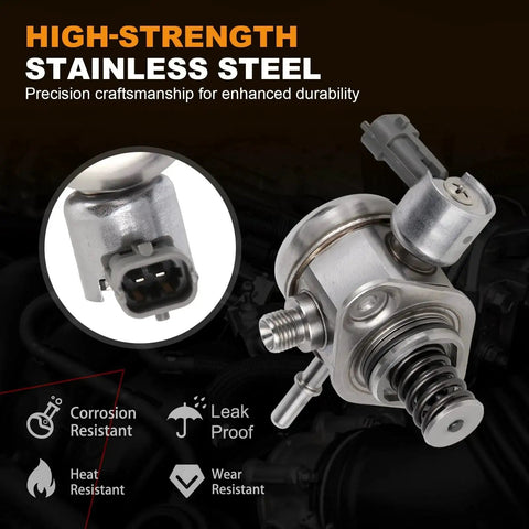 High Pressure Fuel Pump For Ford Edge, Escape, Explorer, Focus, Fusion, And Mustang 2015-2021 Plus Lincoln MKC MKZ 2015-2020 Plug-N-Play Replacement With 2.0L 2.3L Engines Replaces EJ7Z9350A GDP208 showing stainless steel construction and connectors.
