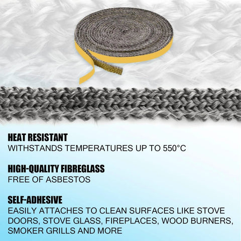 Flat gasket tape roll, fiberglass with yellow backing; self-adhesive and heat resistant to 550°C for stoves.