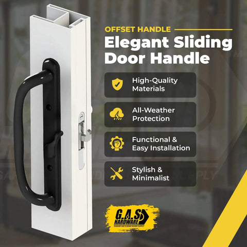 10 Inch Olympus Sliding Patio Glass Door Offset Pull Handle Set Replacement Non Keyed Black Finish Fits 3 15/16 Inch Hole Spacing And 1 1/4 To 2 1/4 Inch Door Thickness With Four Hole Pattern Escutcheon Plate