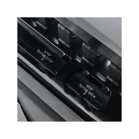 Close-up of Arc Desktop Paper Punch for Disc Bound Systems showing adjustable metal punch guides.