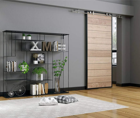 6Ft Stainless Steel Flat Roller Ceiling Mount Sliding Barn Door Hardware Kit Built Tough For 1 3 Eighth To 1 3 Fourth Inch Doors Heavy Duty Track System With Two Flat Rollers, Two Stoppers, Two 3Ft Tracks, Track Connector, And Round Brackets installed in modern living room.