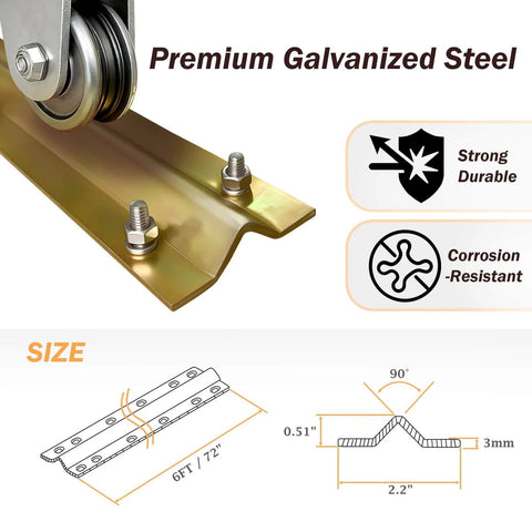 Close-up of 48 Ft Heavy Duty Galvanized Steel Inverted V Groove Track with gold finish, corrosion-resistant, sliding gate hardware details