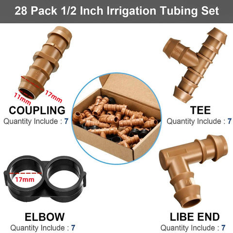 Amazon Boao 28-pack 1/2in irrigation fittings set; brown barbed tees, couplings, elbows and end caps (7 each).